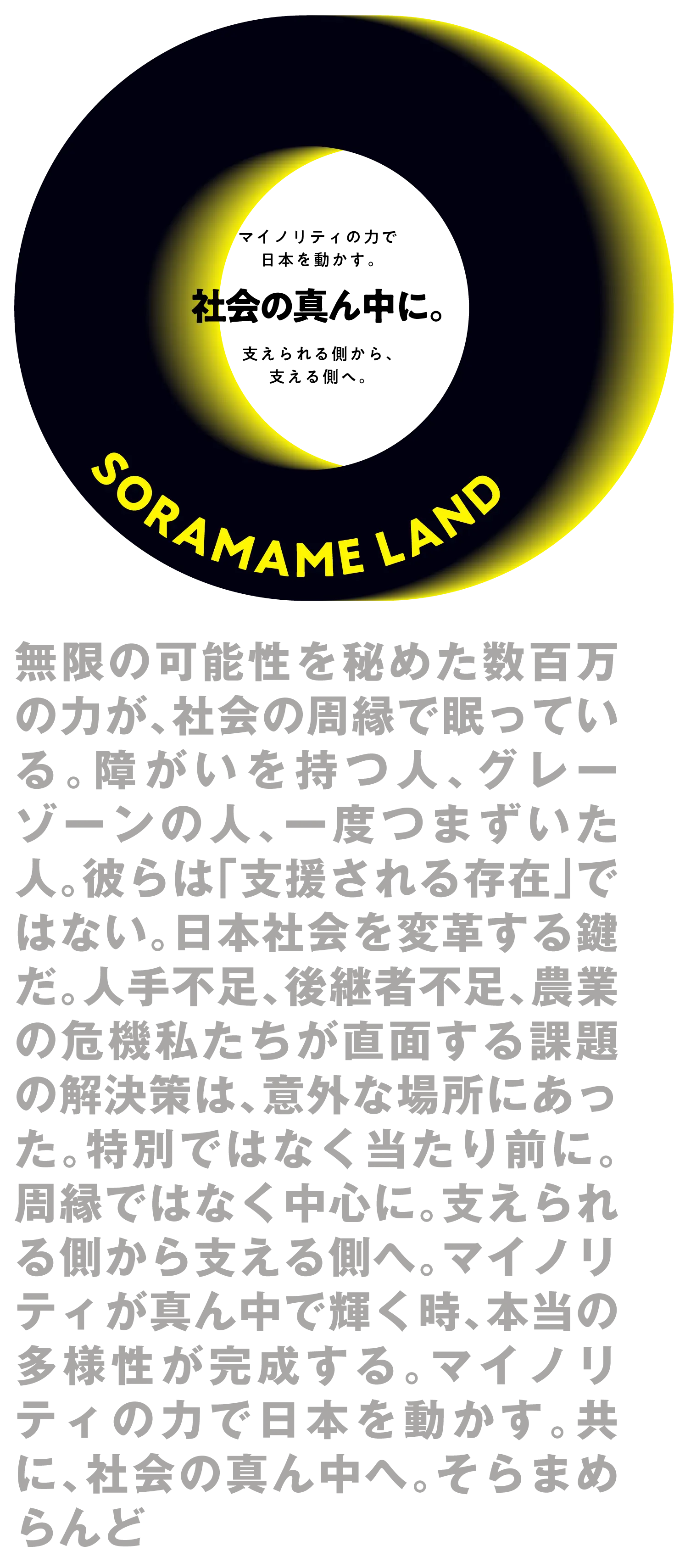 
            無限の可能性を秘めた数百万の力が、社会の周縁で眠っている。障がいを持つ人、グレーゾーンの人、一度つまずいた人。彼らは「支援される存在」ではない。日本社会を変革する鍵だ。人手不足、後継者不足、農業の危機̶私たちが直面する課題の解決策は、意外な場所にあった。特別ではなく当たり前に。周縁ではなく中心に。支えられる側から支える側へ。マイノリティが真ん中で輝く時、本当の多様性が完成する。マイノリティの力で日本を動かす。共に、社会の真ん中へ。そらまめらんど
            